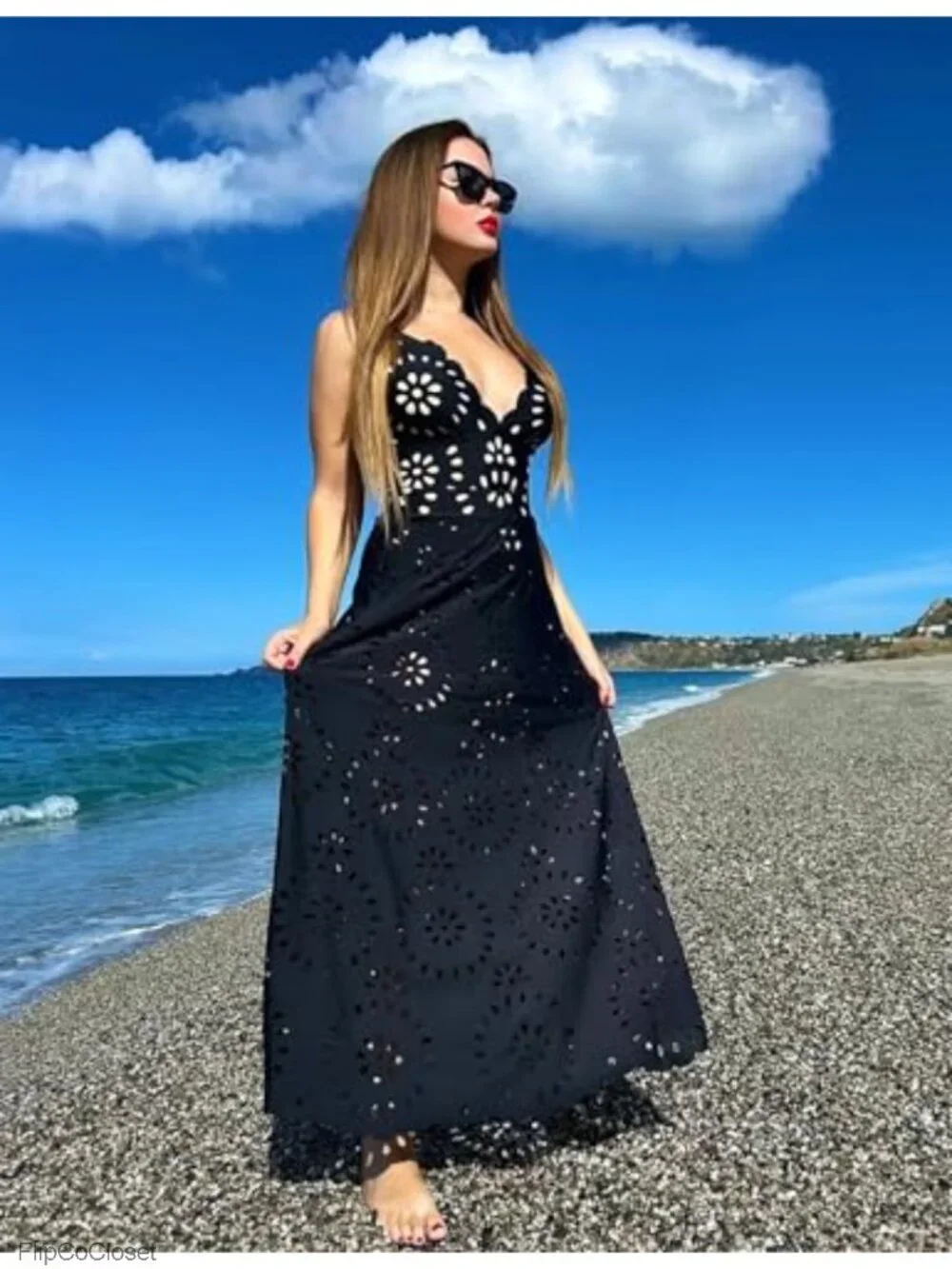 One Piece Swim Dress Hollow V Neck Tummy Control Floral